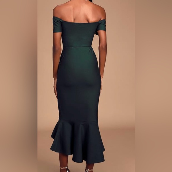Lulu’s How Much I Care Dark Green Off-the-Shoulder Midi Dress - Picture 2 of 5